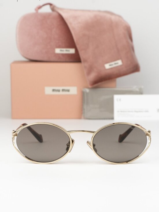 Miu Miu Women Sunglasses LOGO Pale Gold Grey Oval MU52YS ZVN80Q NEW AUTHENTIC